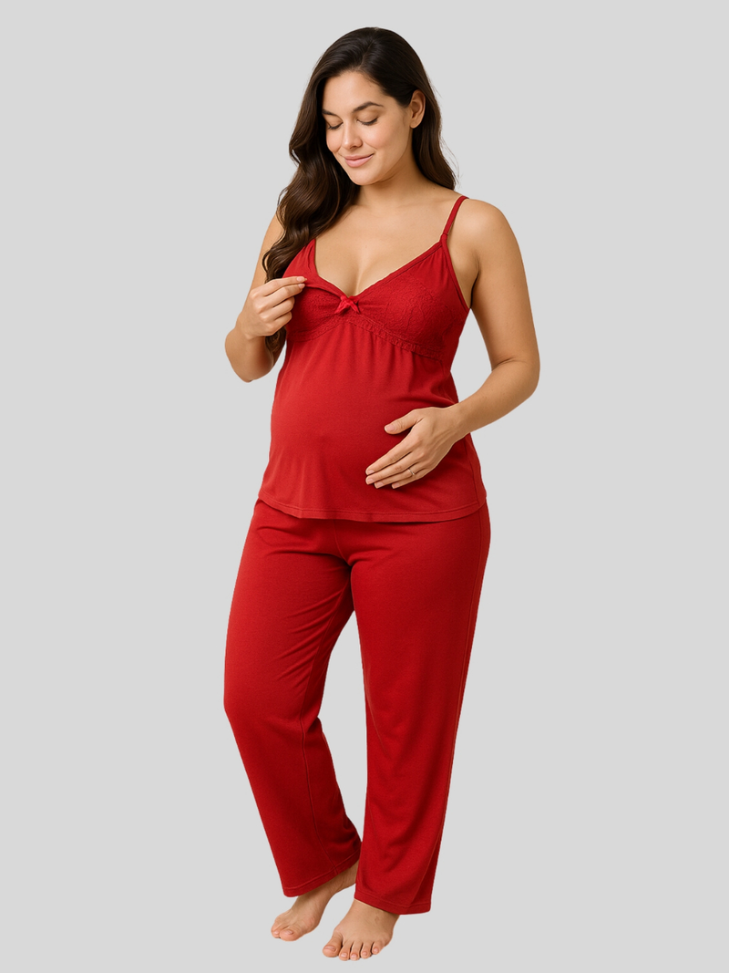 Pijama Amamentação com Renda e Blusa abertura em Click Alça Reforçada e CALÇA Maternidade.