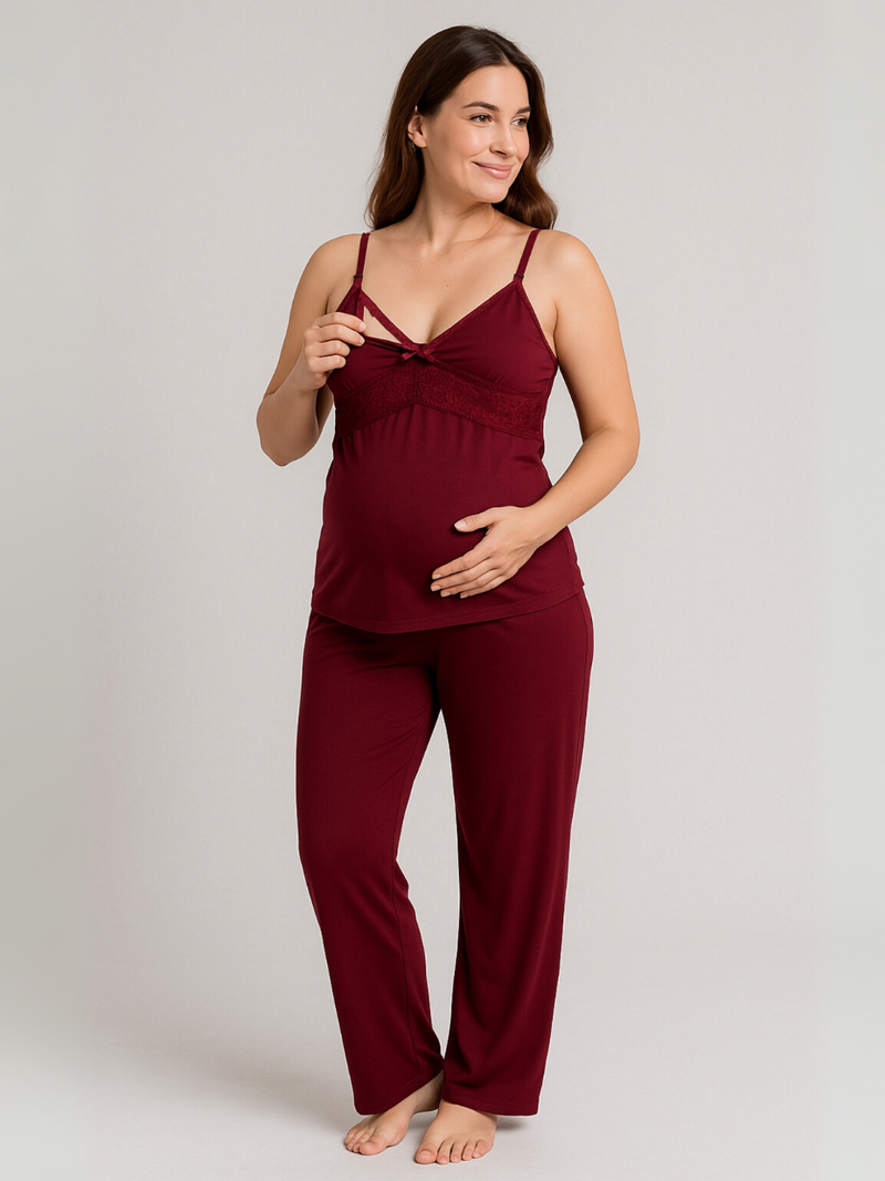 Pijama Amamentação com Renda e Blusa abertura em Click Alça Reforçada e CALÇA Maternidade.