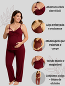 Pijama Amamentação com Renda e Blusa abertura em Click Alça Reforçada e CALÇA Maternidade.