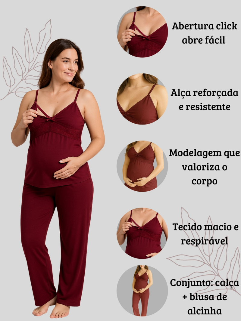 Pijama Amamentação com Renda e Blusa abertura em Click Alça Reforçada e CALÇA Maternidade.