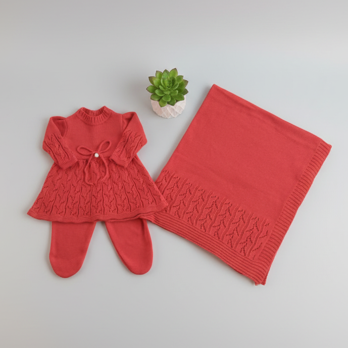 kit saída maternidade vestido laço pérola calça e manta recém nascido RN cobertor .