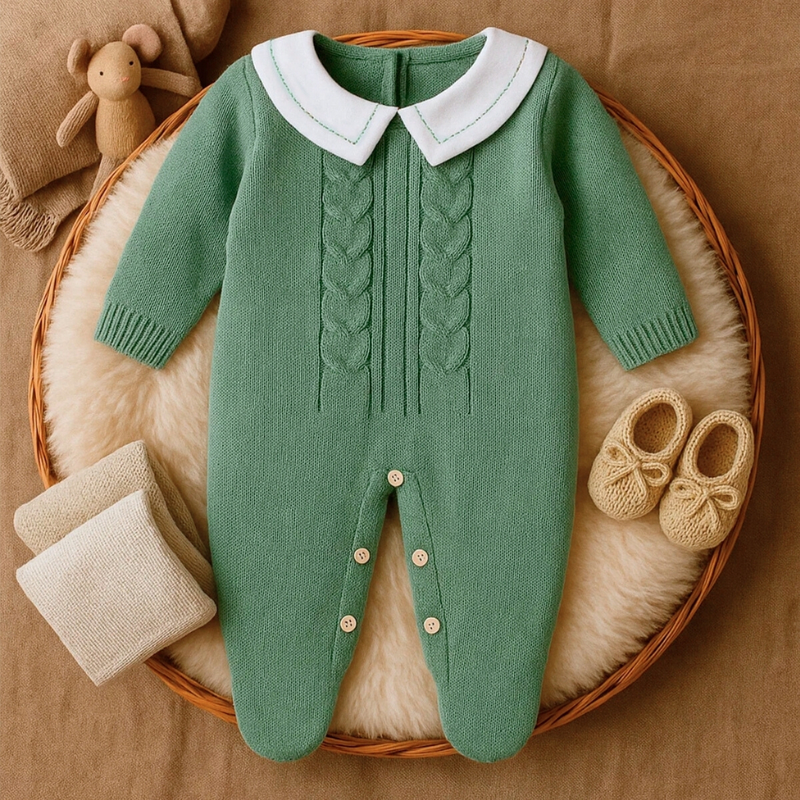 Macacão Tricô Bebê Luxo Menino com Gola – Saída Maternidade | Cuidado & Colo