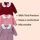 Macacão Tricô Bebê Menina Luxo Maternidade RN com Gola Bordada e Laço