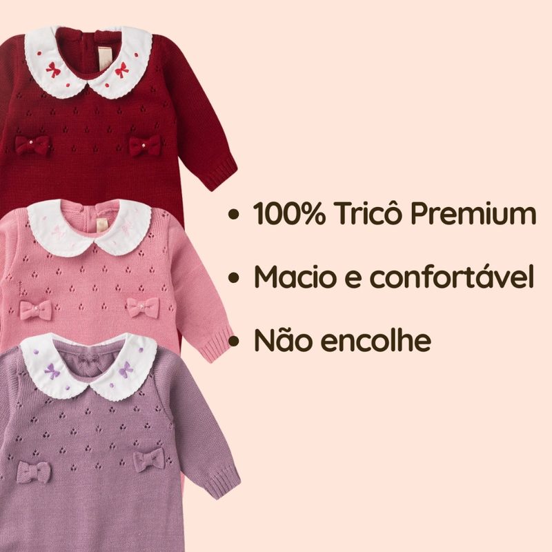 Macacão Tricô Bebê Menina Luxo Maternidade RN com Gola Bordada e Laço