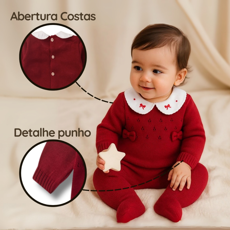 Macacão Tricô Bebê Menina Luxo Maternidade RN com Gola Bordada e Laço