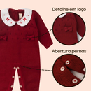 Macacão Tricô Bebê Menina Luxo Maternidade RN com Gola Bordada e Laço