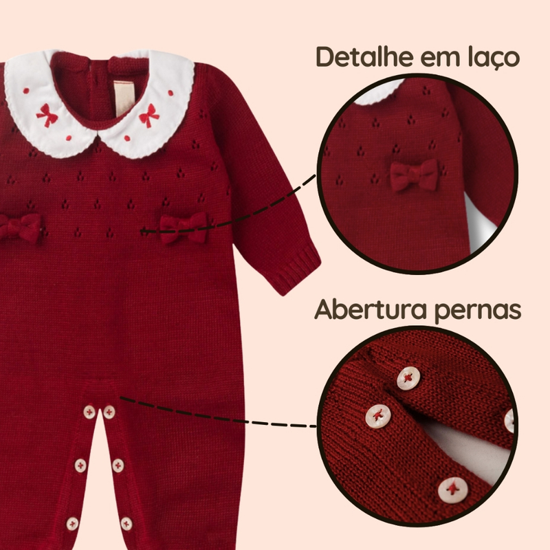 Macacão Tricô Bebê Menina Luxo Maternidade RN com Gola Bordada e Laço