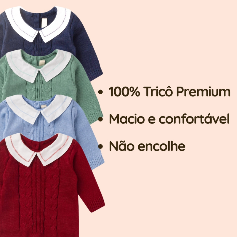 Macacão Tricô Bebê Luxo Menino para Maternidade com Gola