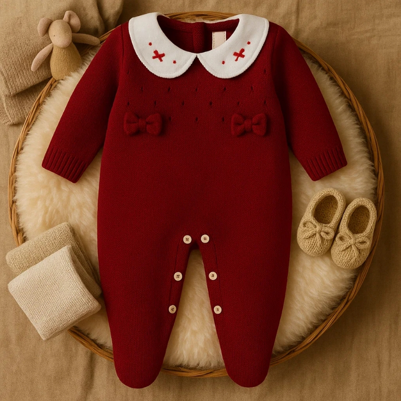 Macacão Tricô Bebê Menina Luxo Maternidade RN com Gola Bordada e Laço