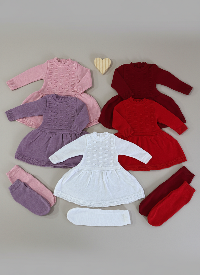 Vestido Bolinha Calça Récem Nascido Conjunto Tricô infantil Bebê Menina Tricot RN