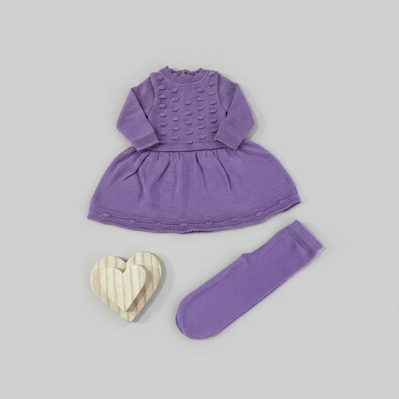 Saída Maternidade Luxo Conjunto Tricô Bebê Menina Vestido Bolinha - RN