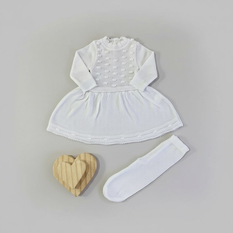 Saída Maternidade Luxo Conjunto Tricô Bebê Menina Vestido Bolinha - RN