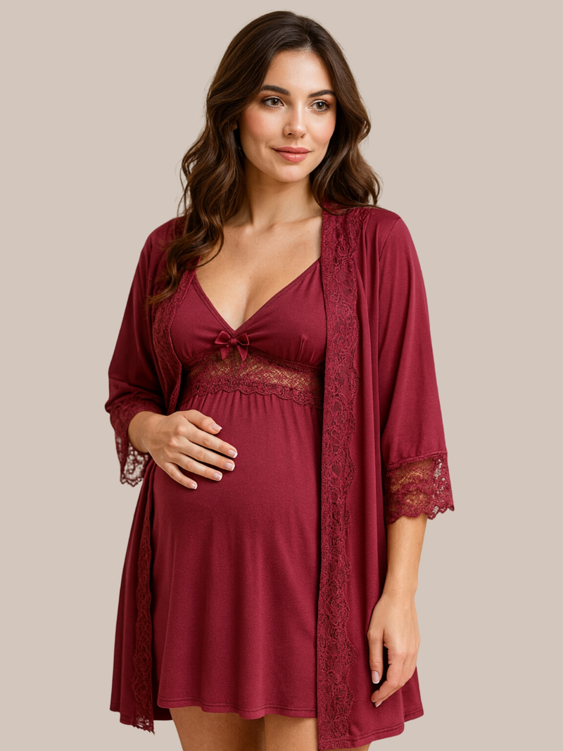 KIT Camisola Amamentação Maternidade e Pós Parto + Robe em Microfibra com Renda.