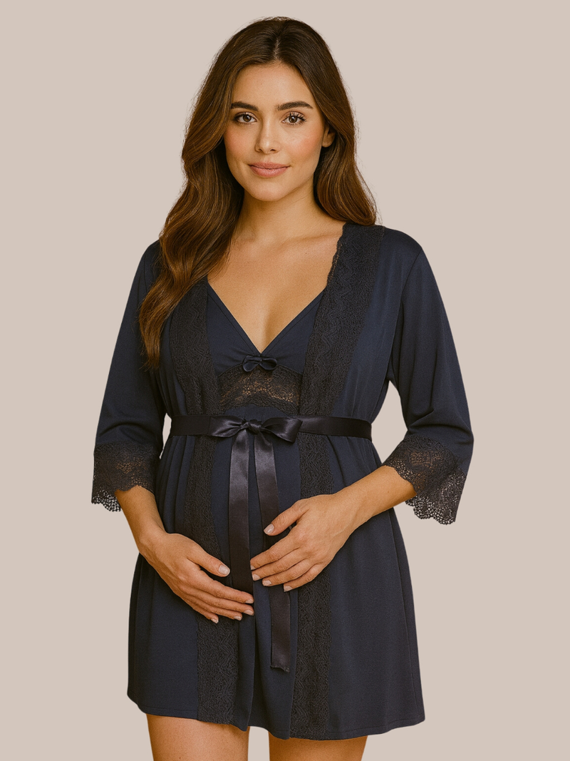 KIT Camisola Amamentação Maternidade e Pós Parto + Robe em Microfibra com Renda.