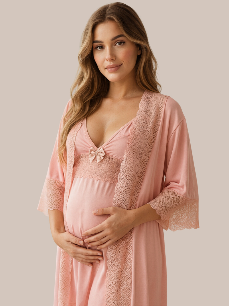 KIT Camisola Amamentação Maternidade e Pós Parto + Robe em Microfibra com Renda.