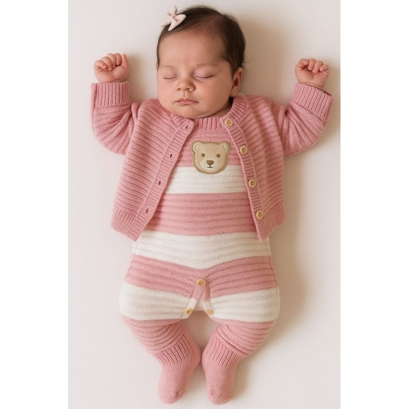 Macacão listrado ursinho casaquinho para bebes recém nascidos ao 3 meses para meninas e meninos.