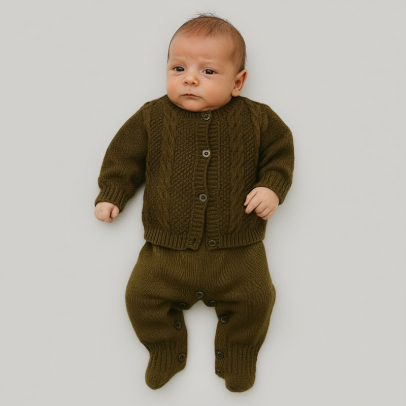 Saída Maternidade RN Conjunto Menino Menina com detalhes em Trança macacão e casaquinho com botão recém nascido.