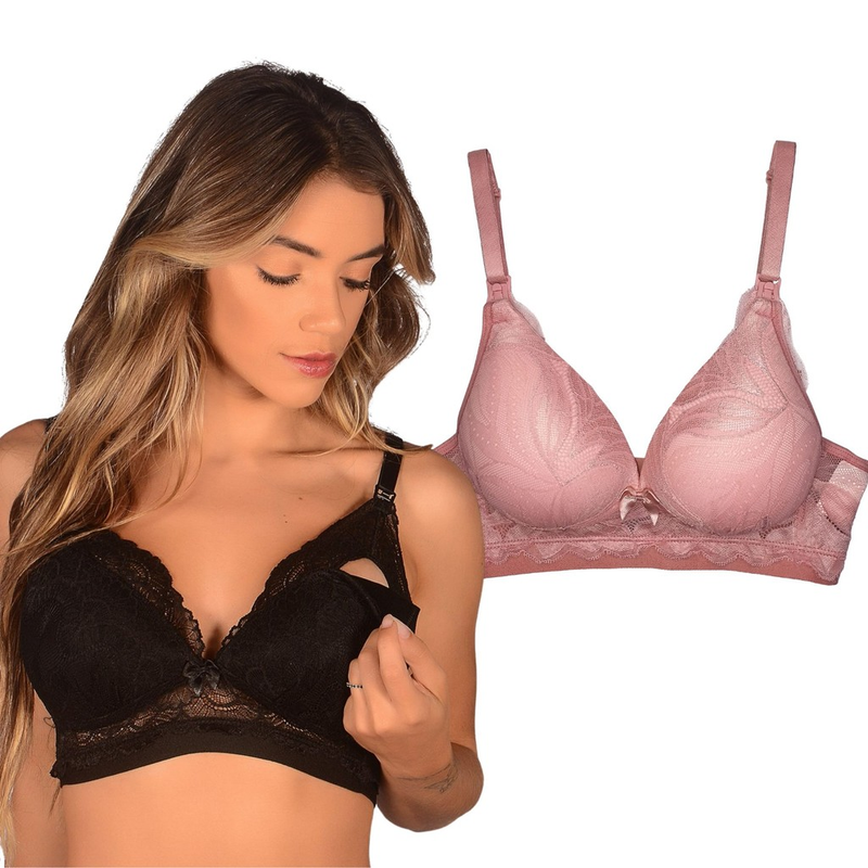 Kit 2 Sutiãs de Amamentação Maternidade com Bojo e Renda – Conforto e Praticidade no Pós-Parto | Cuidado & Colo